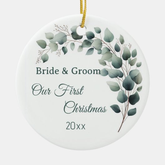Simple Eucalyptus Wedding  First Christmas Keramisch Ornament (Voorkant)