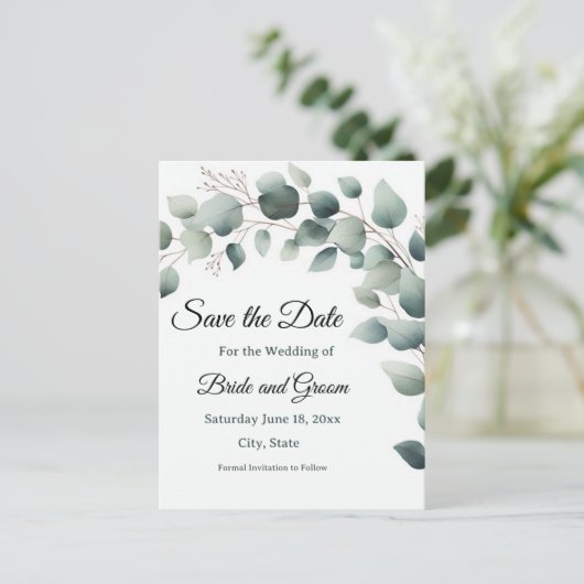 Simple Eucalyptus Wedding Save the Date Postcard Briefkaart (Staand voorkant)