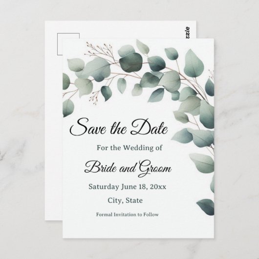 Simple Eucalyptus Wedding Save the Date Postcard Briefkaart (Voorkant / Achterkant)