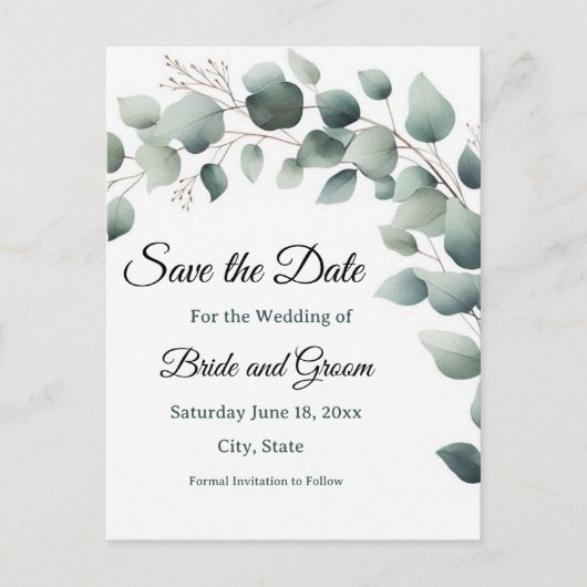 Simple Eucalyptus Wedding Save the Date Postcard Briefkaart (Voorkant)