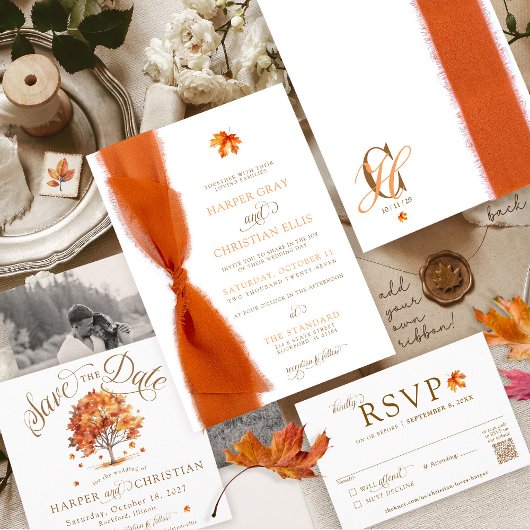 Simple Fall Leaves Modern Autumn Ribbon Wedding Kaart
