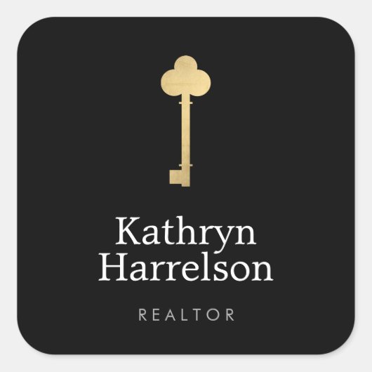 Simple Faux Gold Key Realtor Logo Zwart Vierkante Sticker (Voorkant)