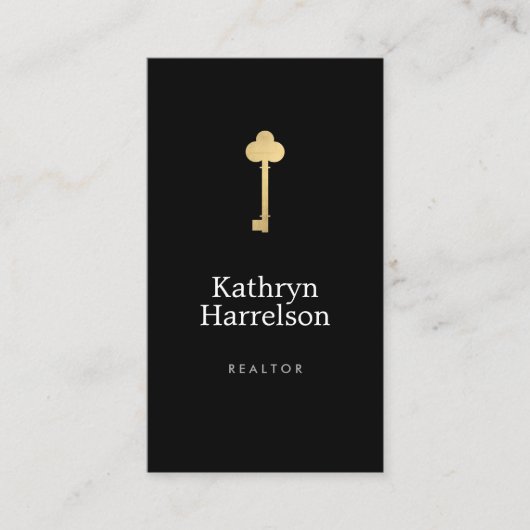 Simple Faux Gold Key Realtor Logo Zwart Visitekaartje (Voorkant)