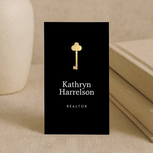 Simple Faux Gold Key Realtor Logo Zwart Visitekaartje