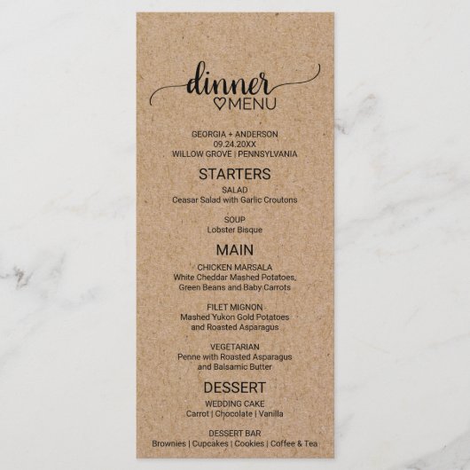 Simple Faux Kraft Calligraphy Wedding Menu (Voorkant)