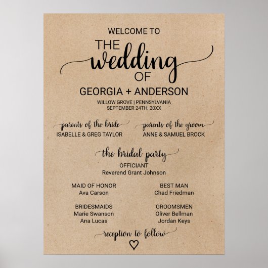Simple Faux Kraft Calligraphy Wedding Programme Poster (Voorkant)