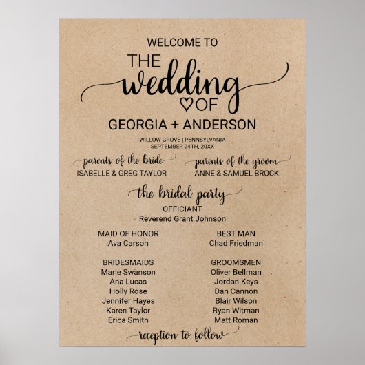 Simple Faux Kraft Calligraphy Wedding Programme Poster (Voorkant)