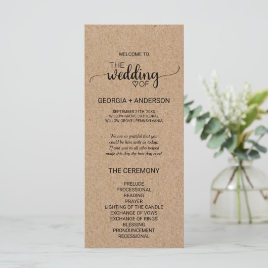 Simple Faux Kraft Calligraphy Wedding Programme Programmakaart (Staand voorkant)
