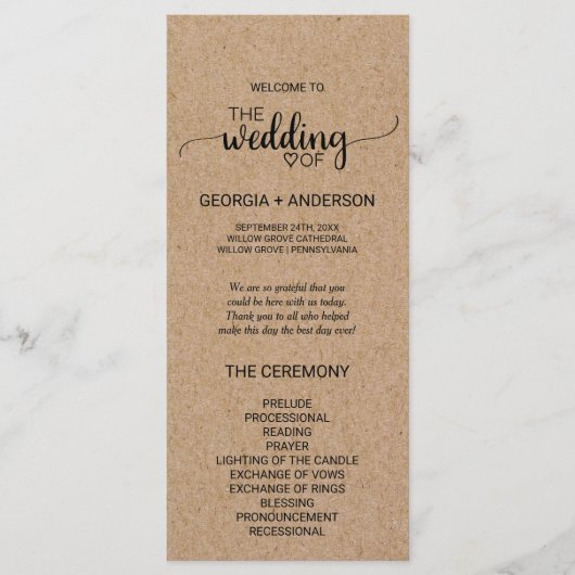 Simple Faux Kraft Calligraphy Wedding Programme Programmakaart (Voorkant)