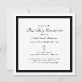 Simple First Holy Communion Black White Invitation Kaart