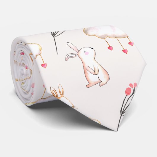 Simple Floral Bunny Pattern Pasen | Necktie Stropdas (Opgerold)