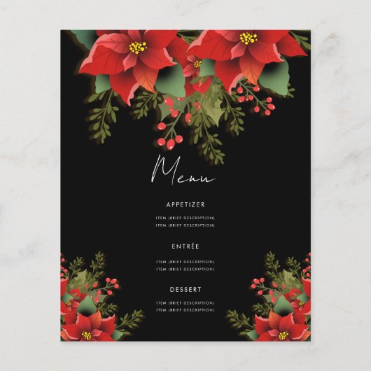 Simple Floral Christmas Holiday Black Invite Menu (Achterkant)