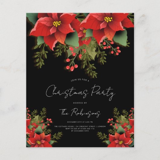 Simple Floral Christmas Holiday Black Invite Menu (Voorkant)