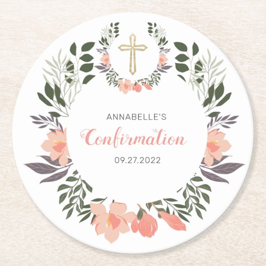 Simple Floral Confirmation Party Ronde Kartonnen Onderzetter (Voorkant)