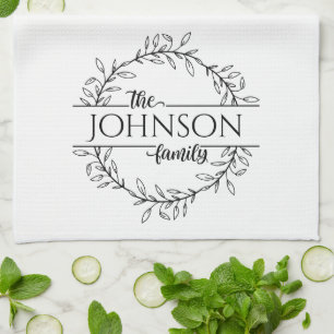 Simple Floral Family Name Monogram Kitchen Towel Theedoek