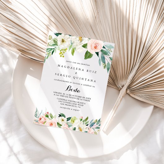 Simple Floral Foliage Calligraphy Spain Wedding Kaart