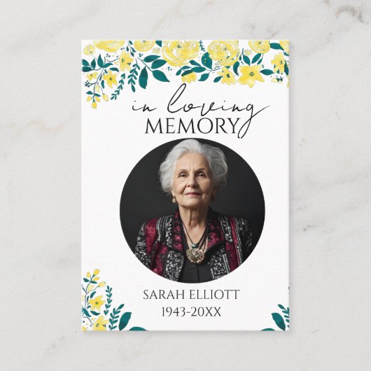 Simple floral Funeral Memorial Prayer Photo Card Visitekaartje (Voorkant)