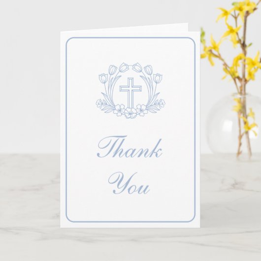 Simple Floral Light Blue Cross Religious Thank You Kaart (Gele Bloem)