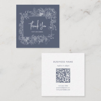 Simple Floral Line Muted Blue QR Code Thank You Vierkante Visitekaartje