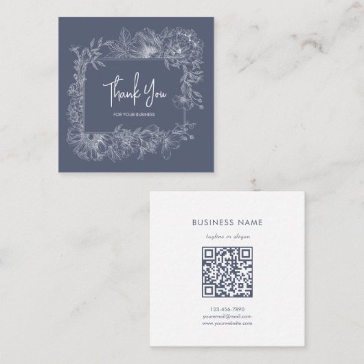 Simple Floral Line Muted Blue QR Code Thank You Vierkante Visitekaartje (Voorkant / Achterkant)