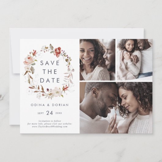 Simple Floral met 3 Photo Collage Save The Date (Voorkant)
