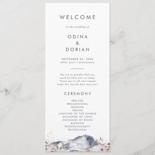 Simple Floral Mountain Wedding Programme Programmakaart (Voorkant)
