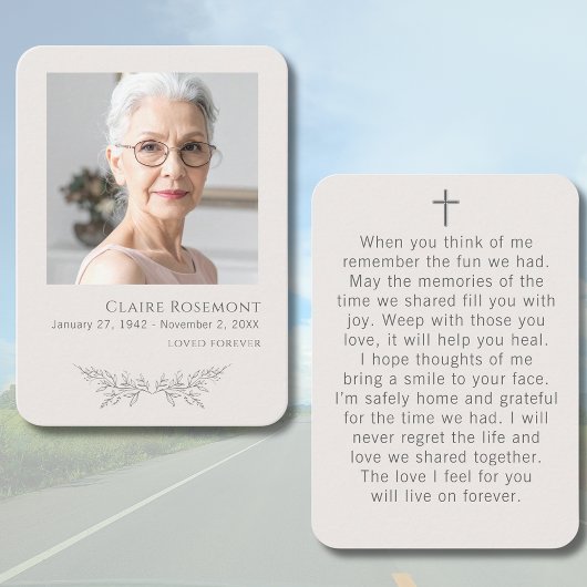 Simple Floral Photo Cross Funeral Prayer Card Visitekaartje