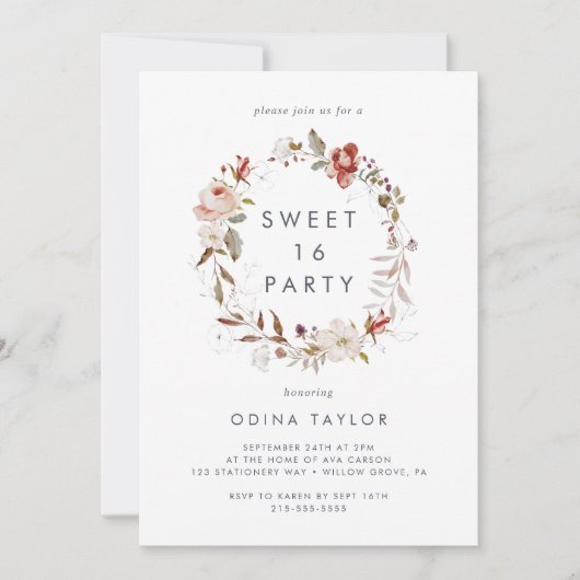 Simple Floral Sweet 16 Birthday Kaart (Voorkant)