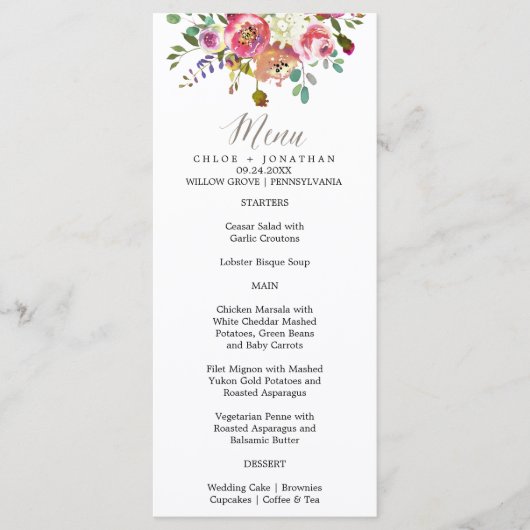 Simple Floral Waterverf Bouquet Wedding Menu Kaart (Voorkant)