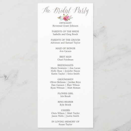 Simple Floral Waterverf Bouquet Wedding Programme Programmakaart (Achterkant)