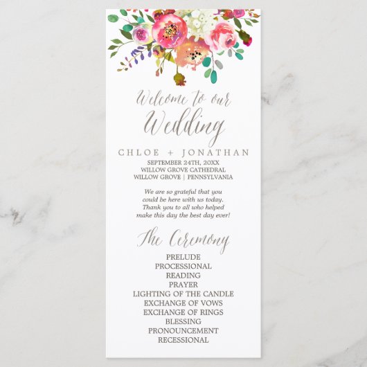 Simple Floral Waterverf Bouquet Wedding Programme Programmakaart (Voorkant)
