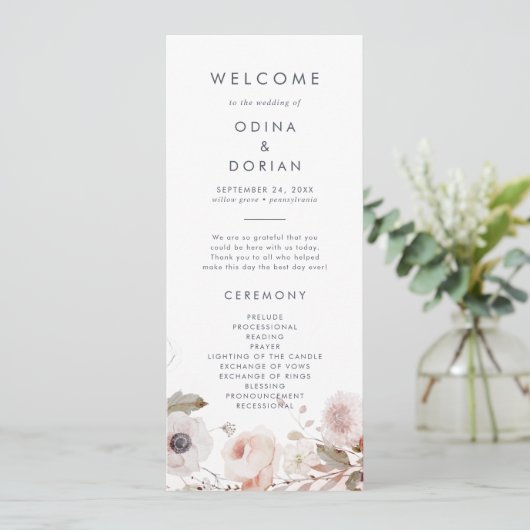 Simple Floral Wedding Programme Programmakaart (Staand voorkant)