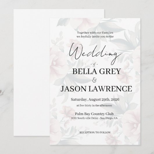 Simple flower Black & White Wedding Invitation Kaart (Voorkant / Achterkant)