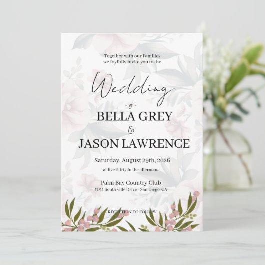 Simple flower Black & White Wedding Invitation Kaart (Staand voorkant)