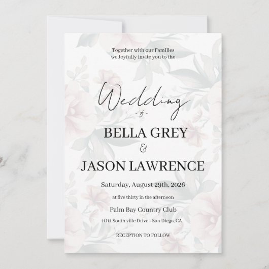 Simple flower Black & White Wedding Invitation Kaart (Voorkant)