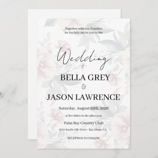 Simple flower Black & White Wedding Invitation Kaart (Voorkant / Achterkant)