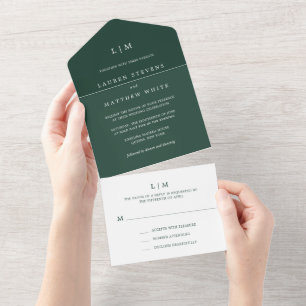 Simple Forest Green Monogram Elegant Wedding All In One Uitnodiging