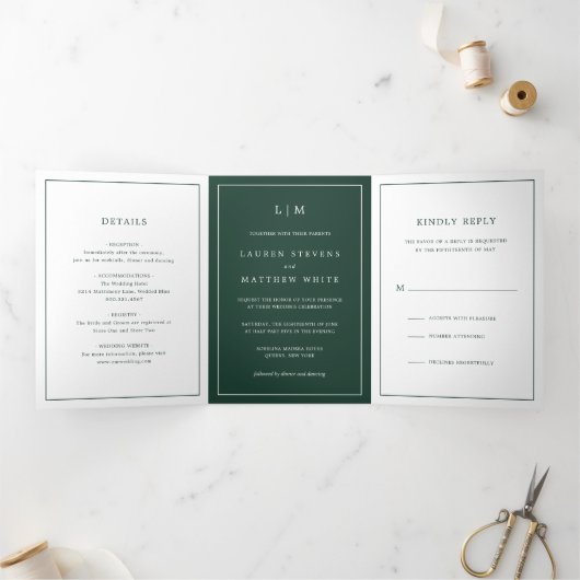 Simple Forest Green Monogram Elegant Wedding Drieluik Uitnodiging (Binnen)