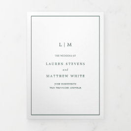 Simple Forest Green Monogram Elegant Wedding Drieluik Uitnodiging