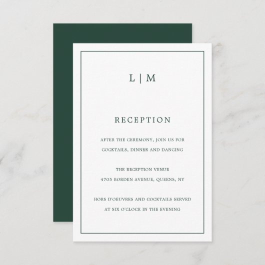 Simple Forest Green Monogram Elegant Wedding Informatiekaartje (Voorkant / Achterkant)