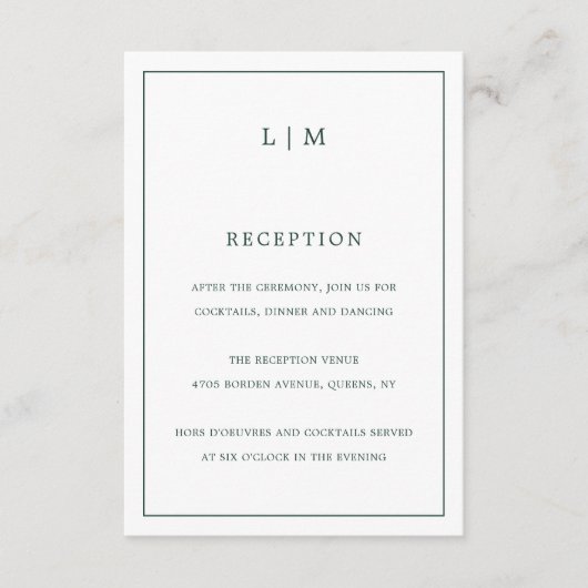 Simple Forest Green Monogram Elegant Wedding Informatiekaartje (Voorkant)