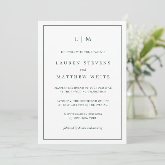 Simple Forest Green Monogram Elegant Wedding Kaart (Staand voorkant)