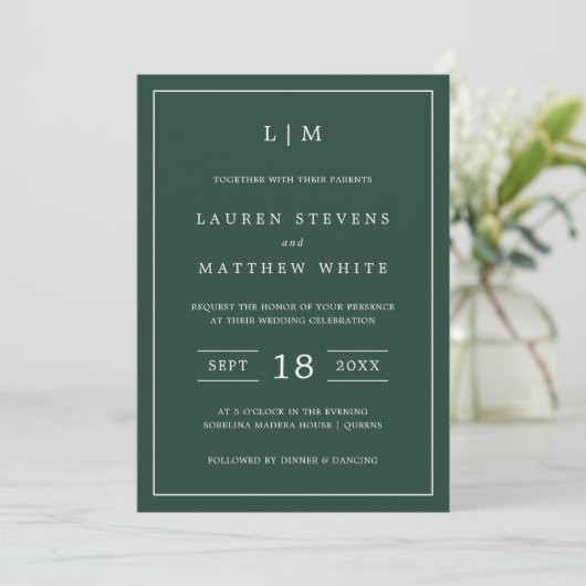 Simple Forest Green Monogram Elegant Wedding Kaart (Staand voorkant)