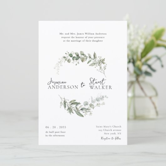 simple fun Eucalyptus Wreath Greenery Wedding  Kaart (Staand voorkant)