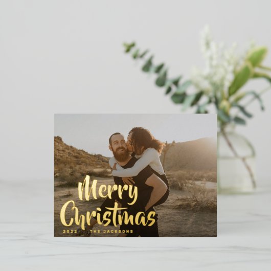 Simple Fun Prettig Kerstmis Familie Goud Foto Folie Feestdagen Briefkaart (Staand Voorkant)