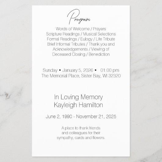 Simple Funeral Celebration of Life Program Budget Flyer (Achterkant)