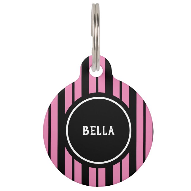 Simple Girly Hot Pink Black Stripes, speciaal ontw Huisdierpenning (Voorkant)
