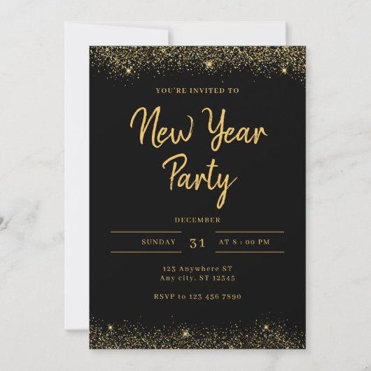 Simple Gold and Black Sparkle New Year Party Kaart (Voorkant)