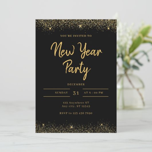 Simple Gold and Black Sparkle New Year Party Kaart (Staand voorkant)