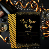 Simple Gold and Black Sparkle New Year Party Kaart